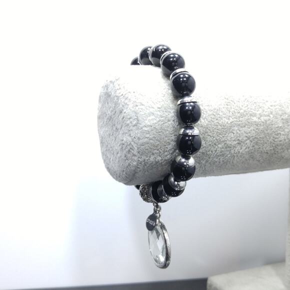 Chico’s Black Beaded Stretch Bracelet Silver Tone Clear Crystal Charm - Picture 4 of 8